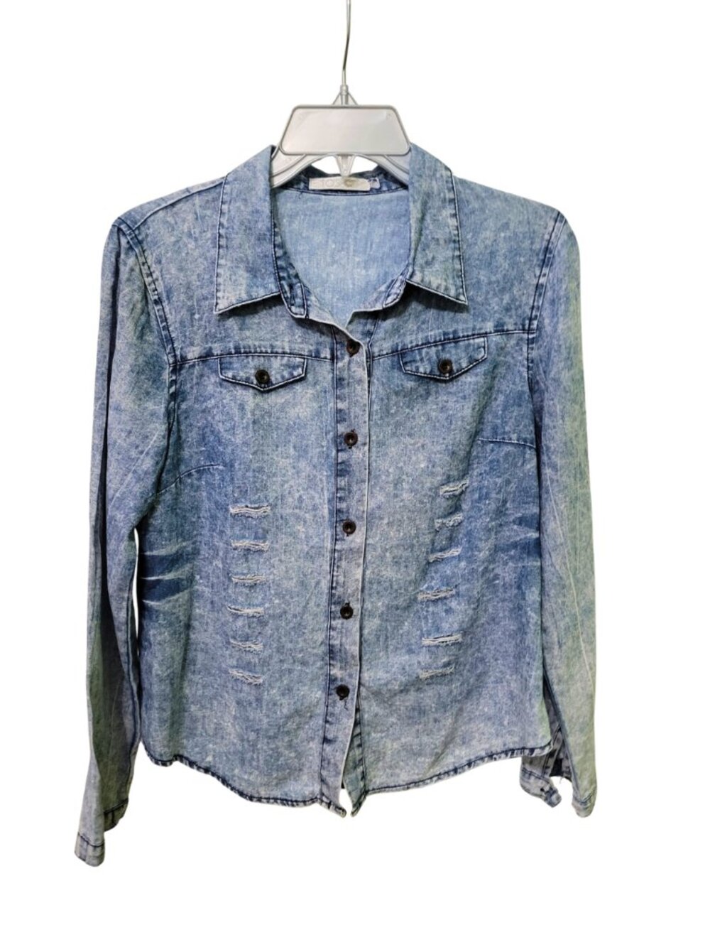Acid Wash Distressed Faux Denim Button-Down Shirt | Small